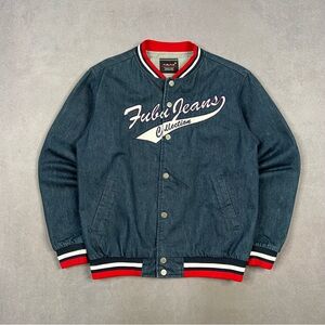 FUBU Blue and Red Varsity Bomber Jacket with Embroidered Logo